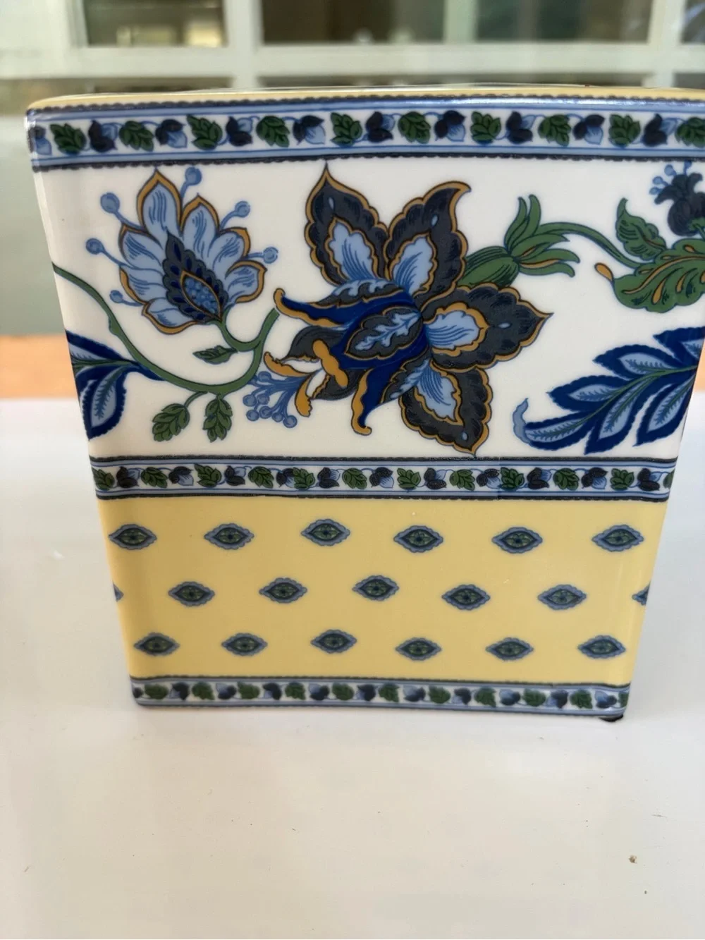 Yellow and Blue Floral Ceramic Bath Tissue Box Cover and Tray Set